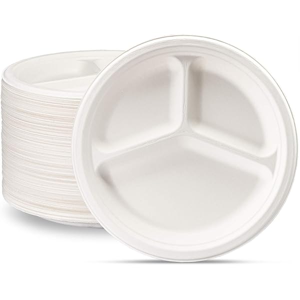 COMFY PACKAGE [10 INCH – 125 PACK 100% COMPOSTABLE 3 COMPARTMENT PAPER PLATES, WHITE HEAVY-DUTY DIVIDED PLATES, DISPOSABLE BIODEGRADABLE PLATES