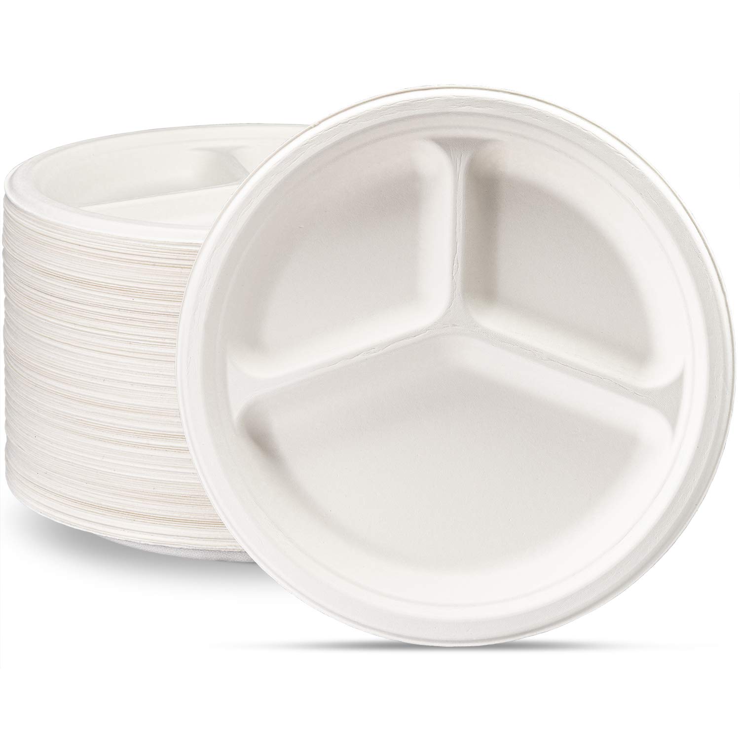 Comfy Package 100% Compostable 10 Inch Heavy-Duty Plates [125 Pack] 3 Compartment Eco-Friendly Disposable Sugarcane Paper Plates