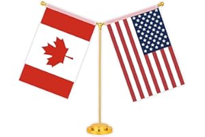 USA Canada Combo Desk Small Flag Set,5×8 Inch American Canadian Mini Desktop table Banner,12 inch Metal Solid Pole Decor,Tiny