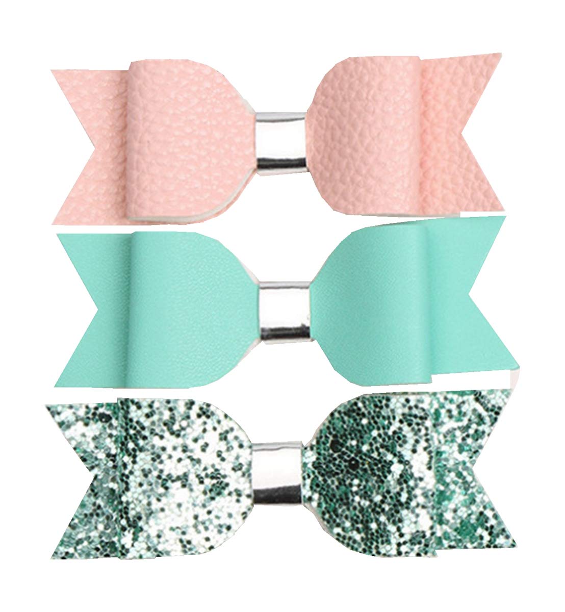 Girl Big Bow Faux Leather Glittery Hair Clip Set Multicolor Hairpin for Toddler/Girl/Adult 3 PCS (set 04)