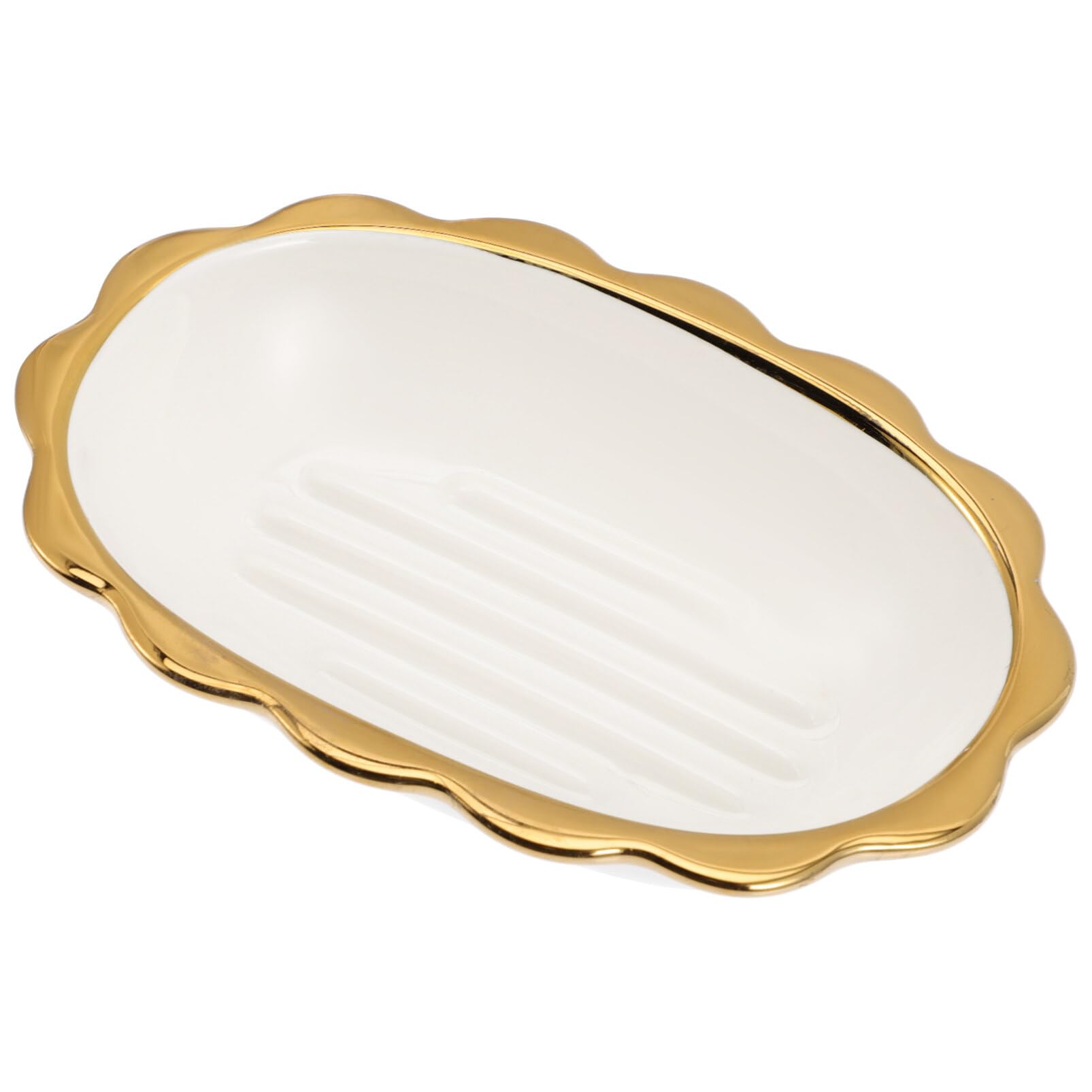 HEMOTON Soap Dish Holder, Ceramic Soap Tray Bar Soap Holder with Gold Trim, Oval Sponge Case Box Hand Soap Plate Container for Bathroom Vanity Shower Kitchen Sink Easy Cleaning White