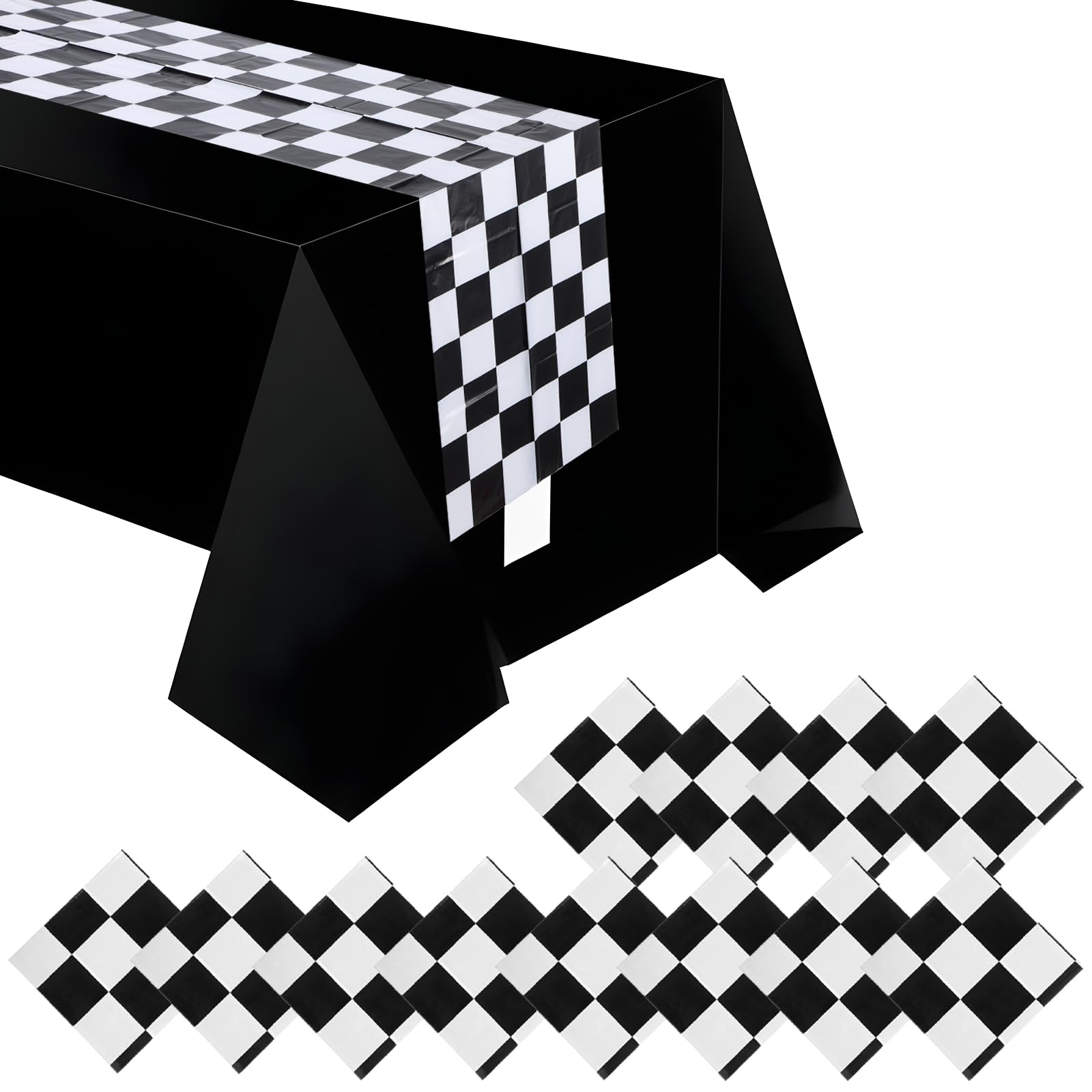 Photo 1 of 12Pcs Plastic Checkered Table Runner, 14" x 108" Race Car Plastic Table Cloths Racetrack Road Tablecloth Black and White Checkerboard Decoration for Birthday Racing Theme Party