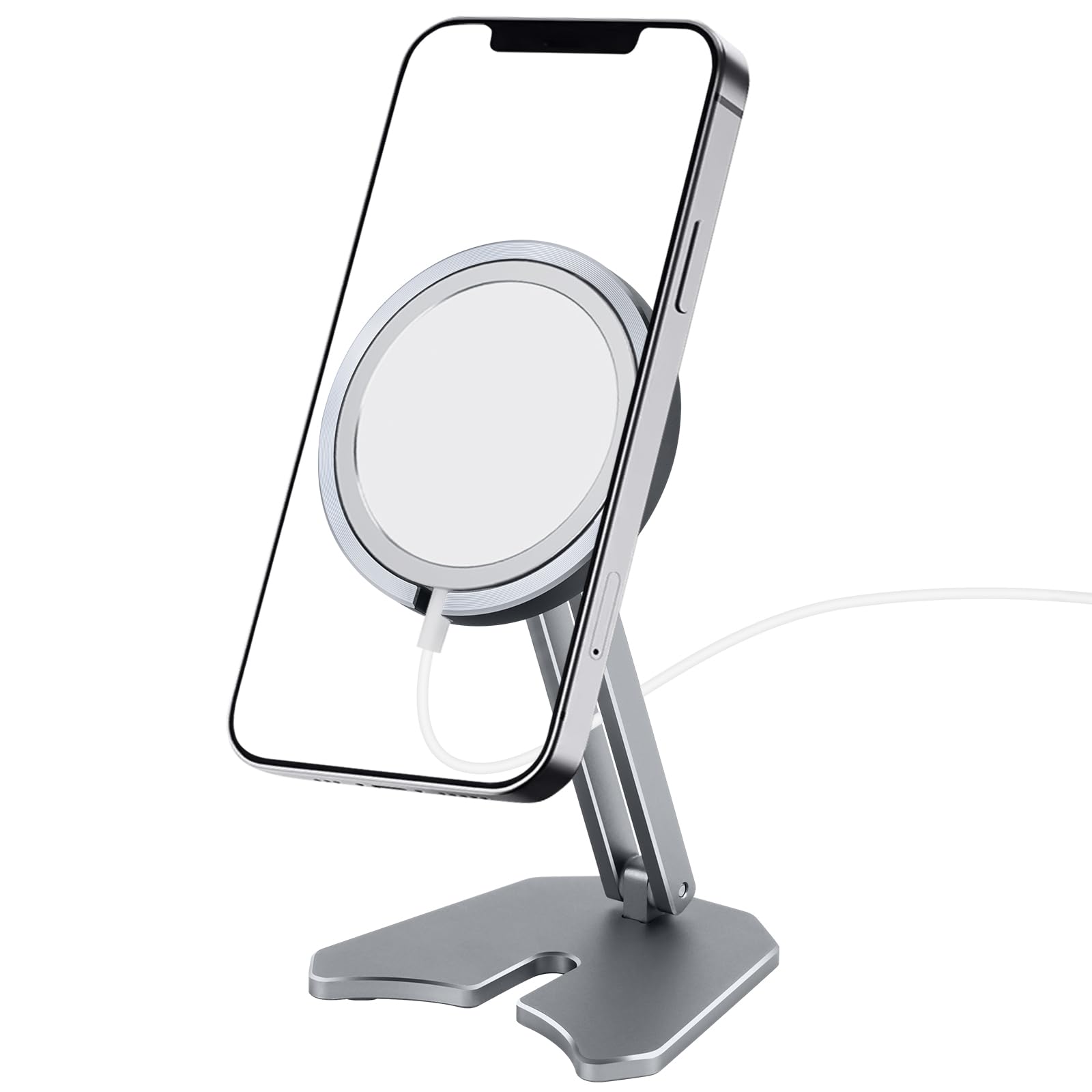 flintronic Folding Phone Stand for magnetic Charger, Adjustable Aluminum Mobile Phone Stand, Magnetic Wireless Charge Desktop for iPhone 15/14/13/12 Pro Max/Pro/Mini, [Charger Not Included]- Silver