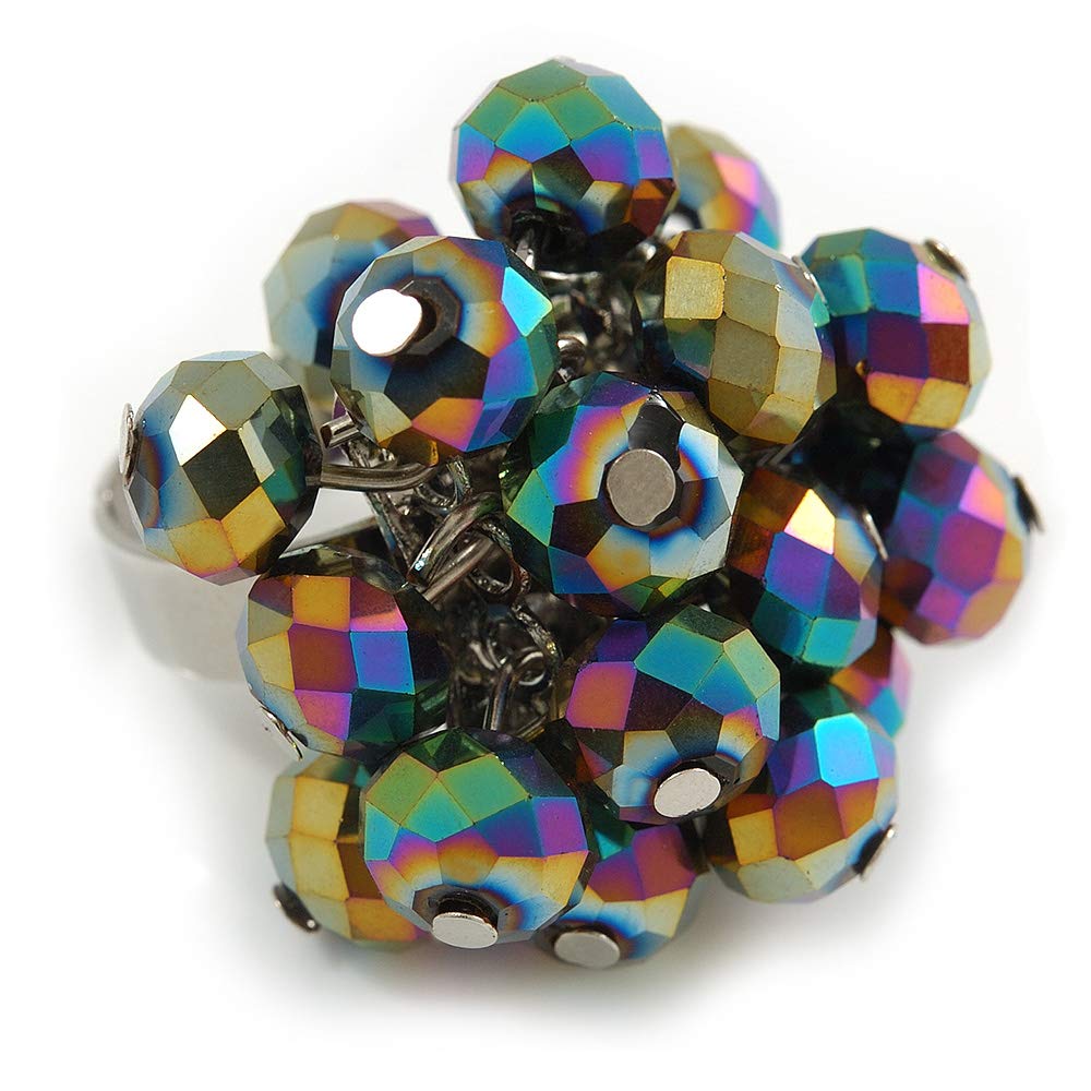 Avalaya Peacock Glass Bead Cluster Ring in Silver Tone Metal - Adjustable 7/8