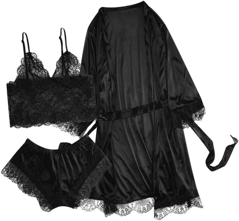 3pc Women's Exotic Chemises Negligees, Camisole Shorts Set Sexy Cami Tops + Lace Bra + Satin Shorts Pajama Sets