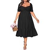 Plus Size Summer Dresses - Sweetheart Neck Drawstring Puff Sleeve Casual Wedding Guest Tiered Aline Flowy Midi Dress
