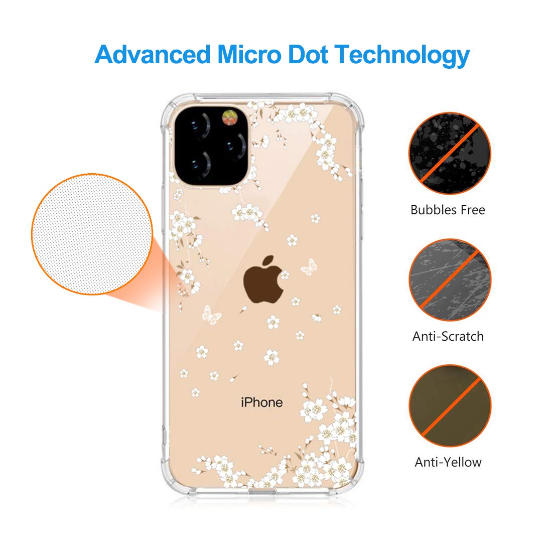 UCMDA Compatible with iPhone 11 Pro Max Case - Flexible Slim Clear Silicone Cover Case for iPhone 11 Pro Max 6.5 Inch 2019 - White Sakura