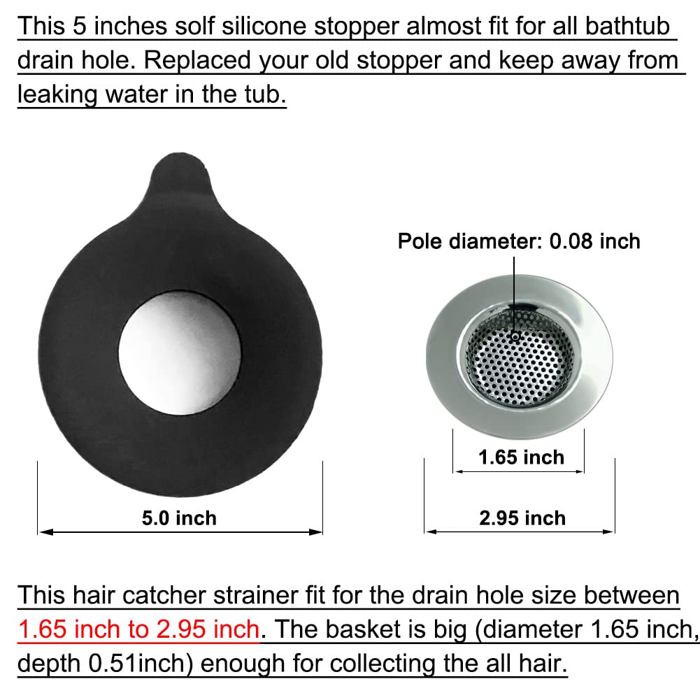 Seatery 2PCS Bathtub Stopper Hair Catcher Kit, Bathtub Drain Strainer, Tub Stopper Plug Cover, Sink Filter, Silicone Drain Stopper for Bathroom, Laundry (Black)