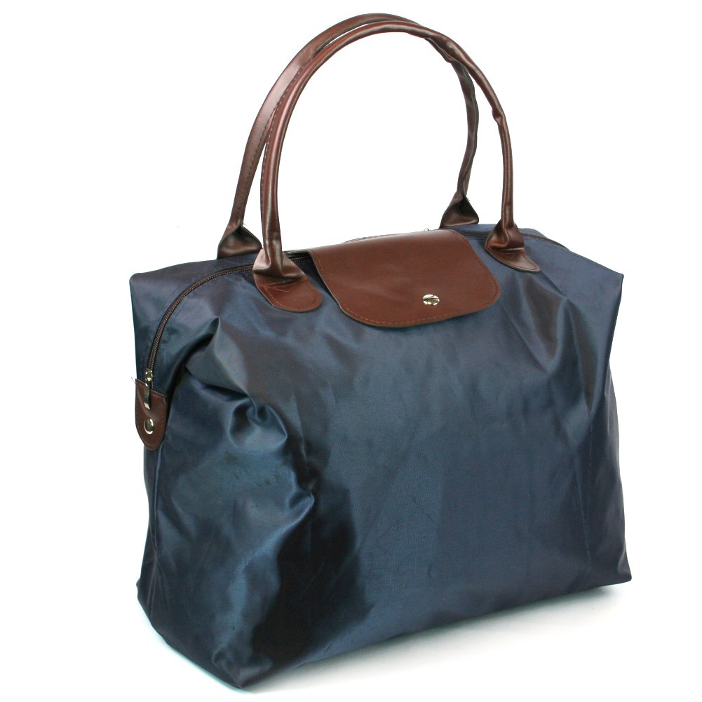Travel Bag Shopping Tote Navy Blue Zip Fastener Brown Faux Leather