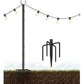 Tigerden 10Ft String Light Poles for Grass &amp; Soil, Outdoor Light Stand with 5-Prong Fork Base, Heavy-Duty Metal Poles for Backyard, Garden &amp; Patio Party Lighting, Rustproof &amp; Adjustable