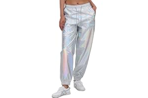 AGYMNX Womens Drawstring Cargo High Waist Jogger Pants Sexy Metallic Sparkly Wide Leg Pants Trousers Clubwear