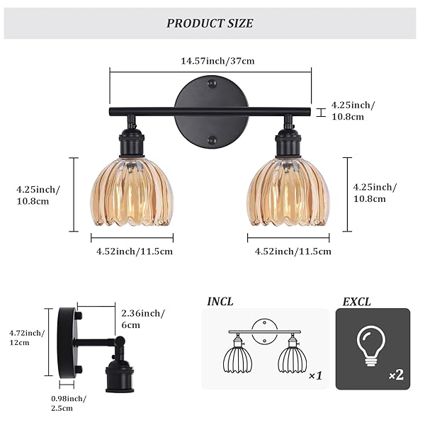 SHENMOYL BATHROOM LIGHT FIXTURES, 2-LIGHT BLACK VANITY WALL LIGHT OVER MIRROR WITH AMBER TULIP GLASS SHADE FOR BEDROOM LIVING ROOM (BULB NOT INCLUDED)