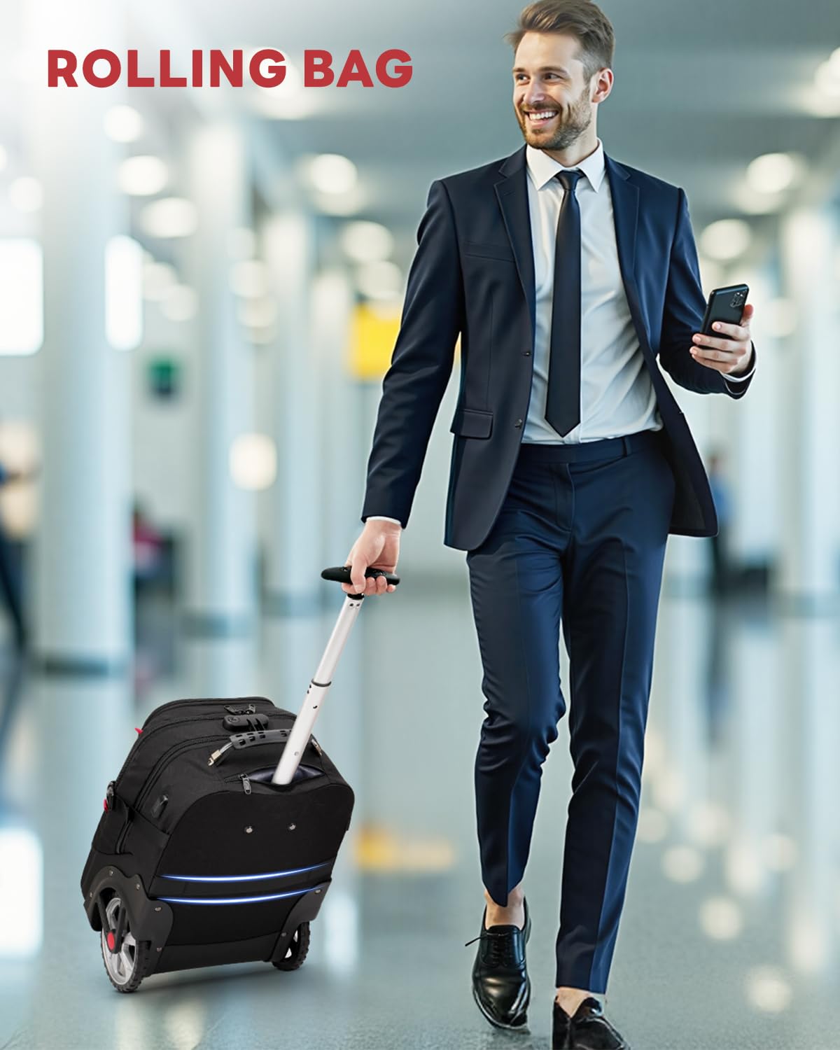 MATEIN Rolling Bag with Wheels, 17 Inch Extra Large Laptop Roller Backpack for Adults with Anti Theft Lock & USB Charging Port, Water Resistant Wheeled Bag Carry On Luggage for Teacher Work Travel Men