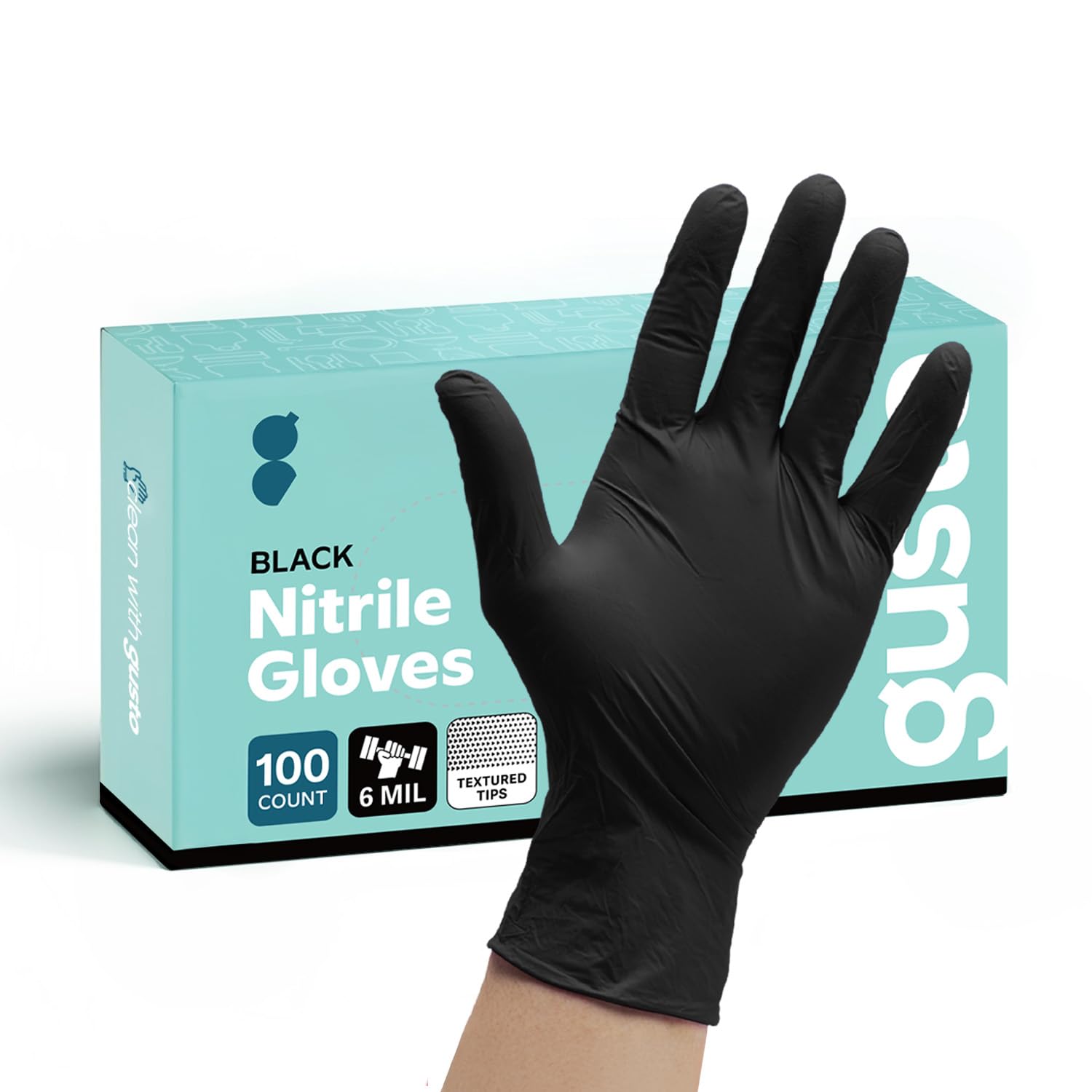 Gusto Industrial Black Nitrile Gloves [100 Count] 6 Mil. Latex & Powder Free Vinyl Disposable Plastic Textured Gloves - Large