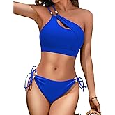 Zeregos Women's One Shoulder Cutout Bikini Set 2 Piece Swimsuit Cheeky Bikini Beads Bathing Suit