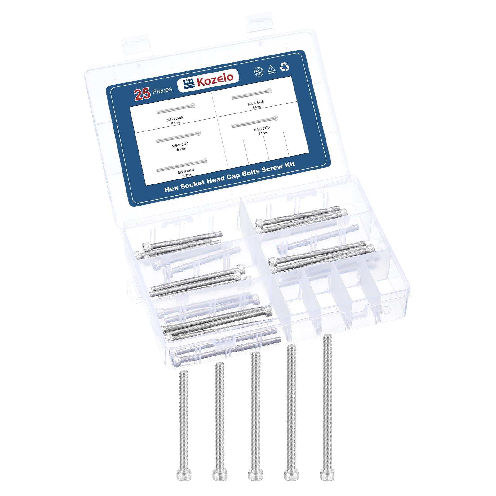 Kozelo 25pcs M5 Socket Head Cap Screws Bolts Nuts Assortment Kit - [M5x60/65/70/75/80mm] 304 Stainless Steel Allen Socket Drive for 3D Printer — image 1