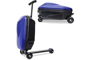 GHSY 20" Kids Scooter Suitcase Ride-On Carry-On - 2-in-1 Lightweight Hardshell Luggage for Airplane Travel, Foldable Rolling Suitcase for Boys & Girls Ages 4-12