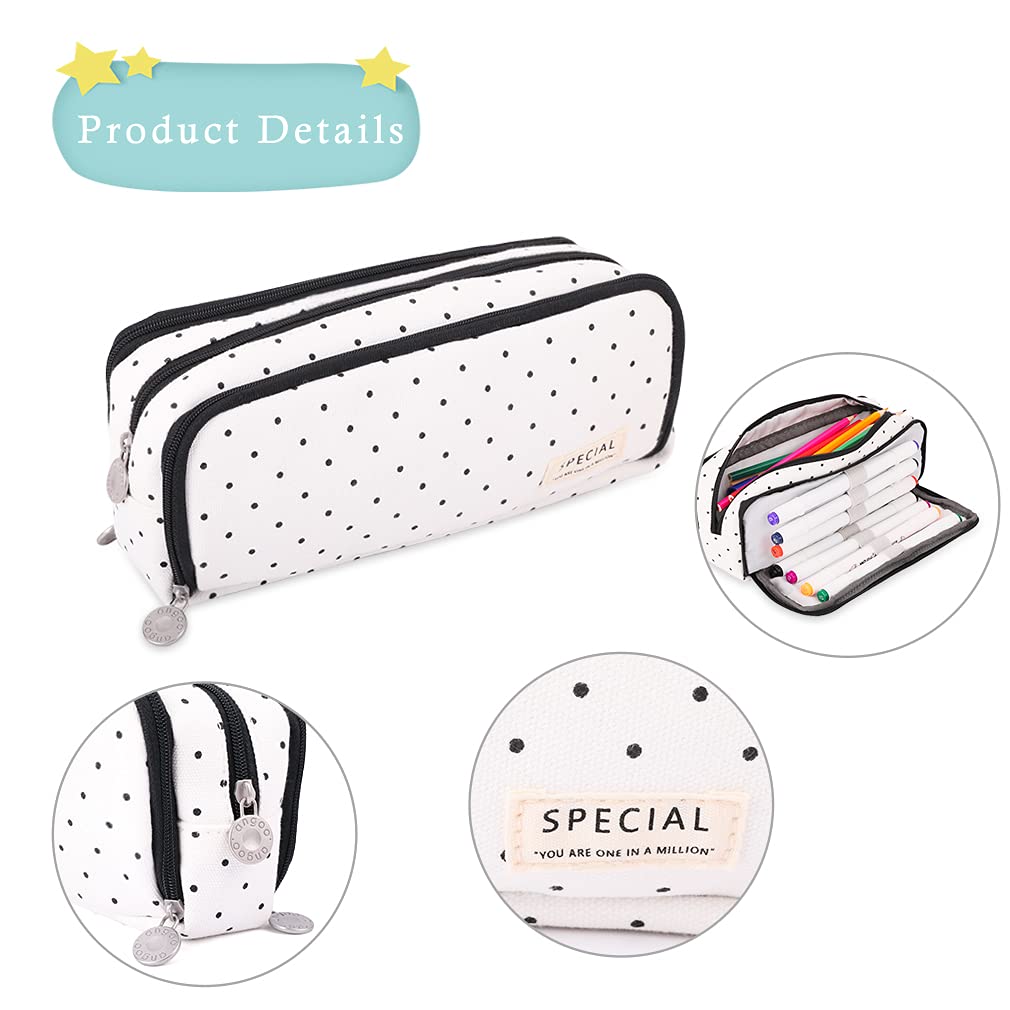 iSuperb Large Pencil Case Big Capacity Pencil Pouch 3 Compartments Pen Bag Canvas Marker Pen Bag for Teen Boys Girls School Students (Black Polka Dot)