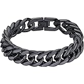 8/12/17mm Wide Cuban Link Bracelet for Men Father Gift 18K Gold/Black Plated Stainless Steel Bracelets 7.4-9 Inches(Gift Wrapped)