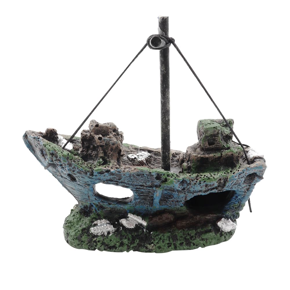 NUZAMAS Artificial Fish Tank Decor Wrecked Boat Ship Resin Model Ornament Aquarium Fish Tank Landscape Pirate for Reptile Hideout Betta Fish Swimming Habitat Cave