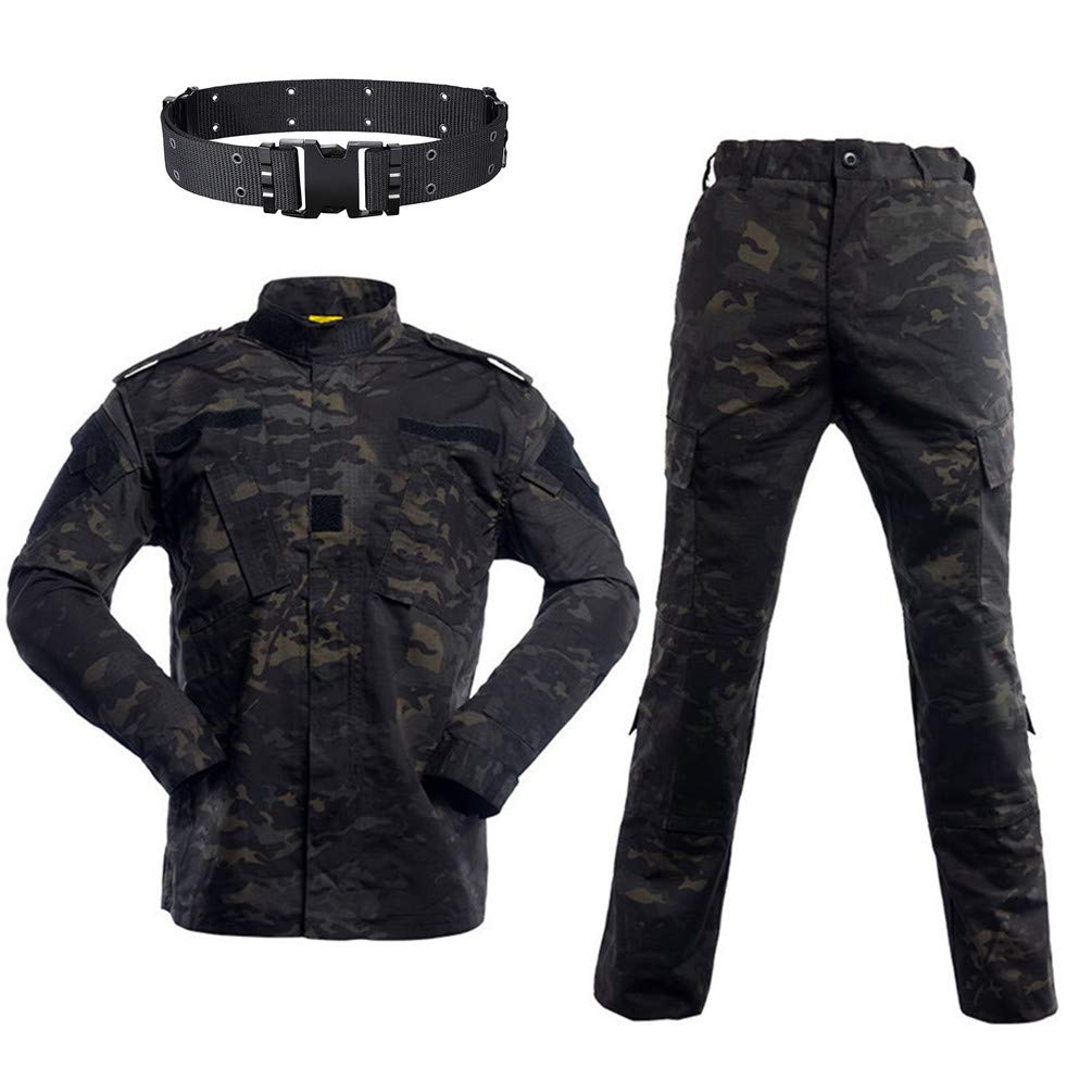 Men's Tactical Camouflage Combat Set with Belt, Ripstop Jacket & Trousers for Hunting Shooting Airsoft, Camo Military Style Outdoor Paintball Clothing Suit (Multi-camo Black, M)