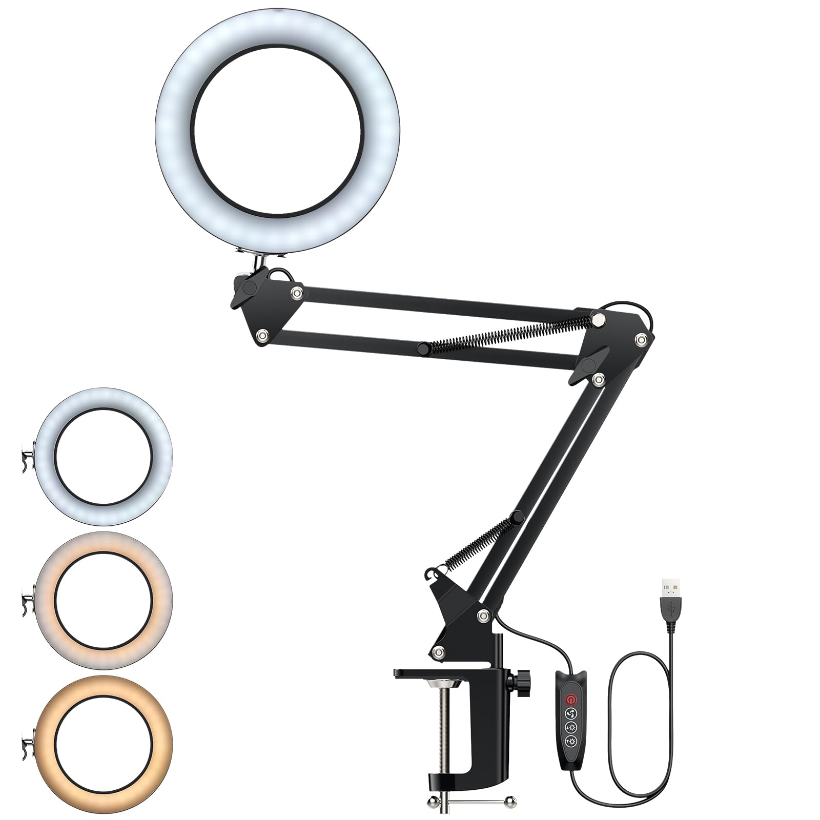 YGiTK Magnifying Glass with Light, Magnifying Desk Lamp, 3 Color Modes & 10 Brightness Dimmable, Adjustable Swing Arm LED Lighted Magnifier with Clamp Real Glass Lens for Reading Repair