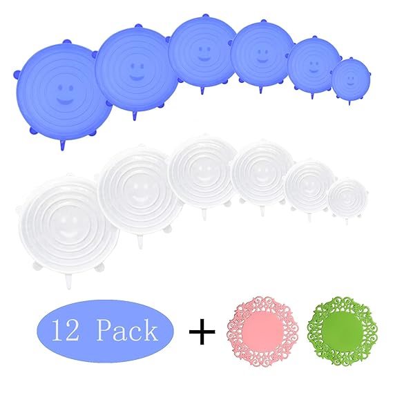 bemece Dehnbare Silikondeckel, 12 Stück Silikon Stretch Deckel+2 Untersetzer, Universell Stretch Lids Silikon Abdeckung In Ve