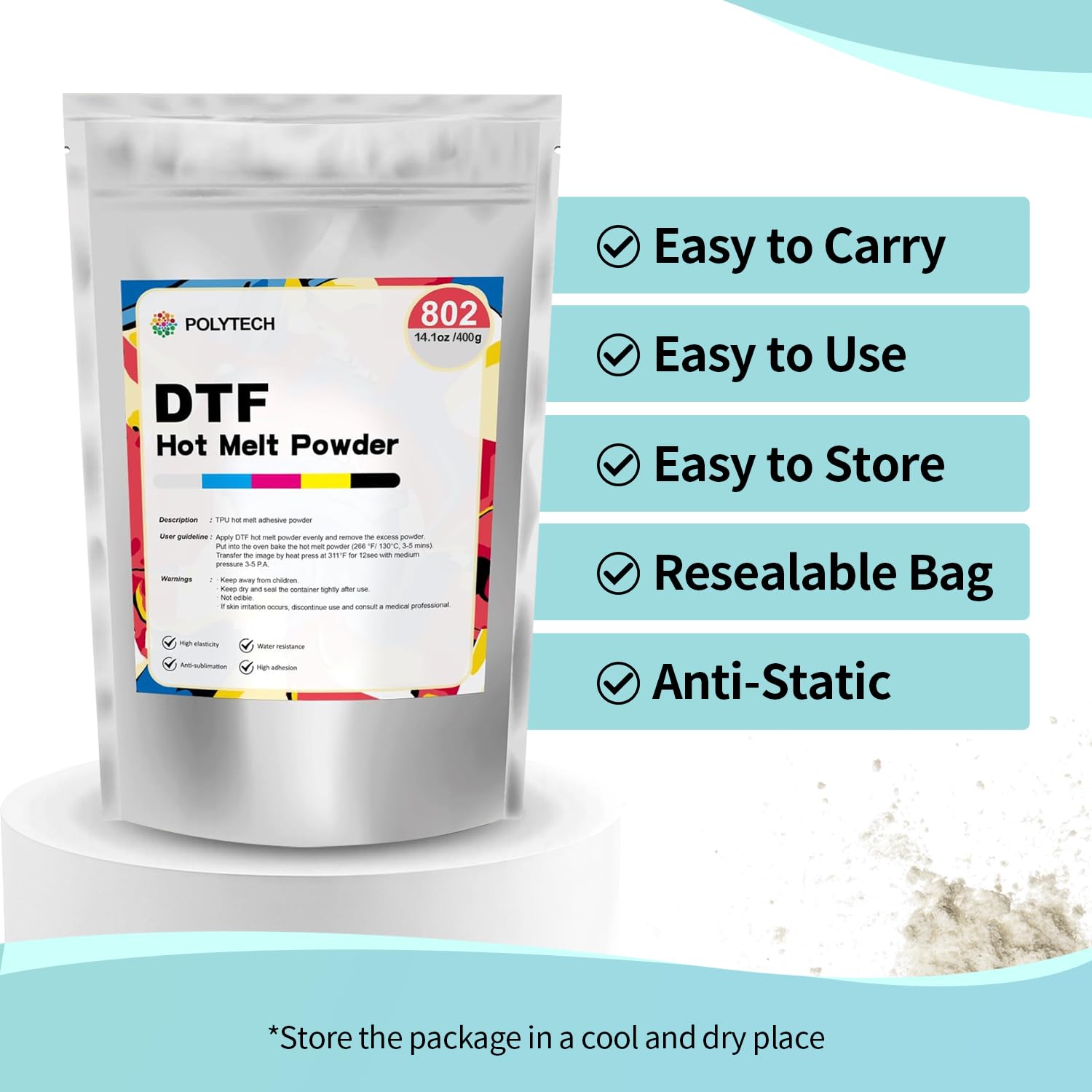 POLYTECH DTF Powder 14.1oz 400g, Hot Melt Adhesive Powder, Super Soft, for Heat Transfer Film Printing, Compatible with DTF PrintersET-8550, ET8500, XP-15000, L1800, Ideal for T-Shirt Printing
