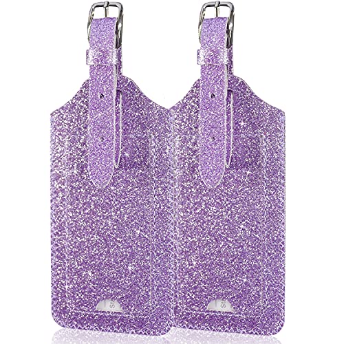 ACdream Luggage Tags 2 Pack, Leather Suitcase Tags Identifiers, Cute Cruise ID Labels with Privacy Cover fits on Backpack, Travel Bag, for Women, Men, Adults, Kids, Glitter Purple