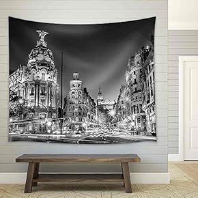 Rays of Traffic Lights on Gran Via Street, Main Shopping Street in Madrid at Night Spain, Europe - Fabric Wall Tapestry Home Decor - 51x60 inches