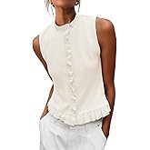 Womens Button Down Sweater Vests Sleeveless Ruffle Mock Neck Ribbed Tanks Summer Boho Vacation Tops