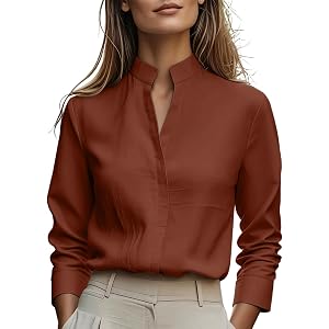Stand Collar V Neck T Shirts for Women Long Sleeve Fall Shirts Office Ladies Dressy Business Casual Work Tops Blouses