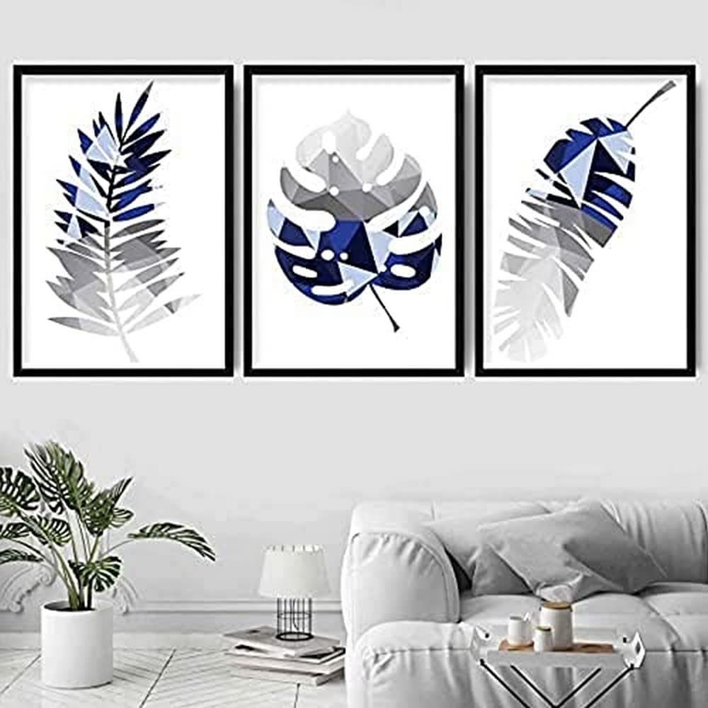 Artze Wall Art Geometric Tropical Leaves Art Prints 3-Piece Set, 30 cm Width x 40 cm Height, Navy Blue/ Grey