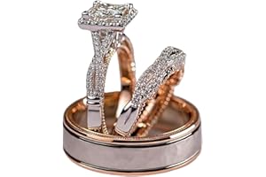 Ssjewel 3 Ct Princess & Round Cut Diamond Halo Cute His Her Trio Bridal Wedding Band Engagement Rings Set 14k Rose Gold Finis
