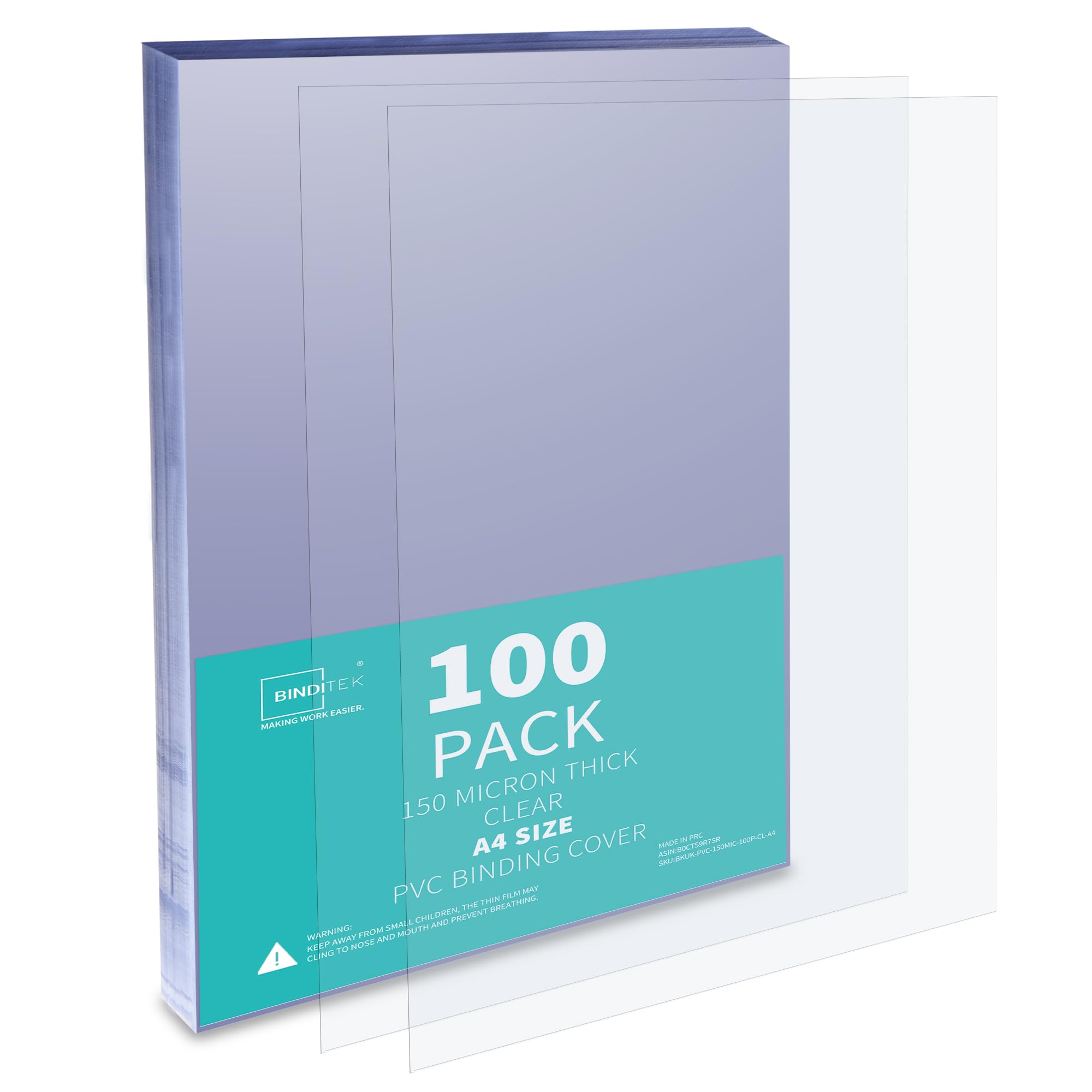 Binditek 100 Pack 150 Micron A4 Binding Covers, PVC Clear Binding Covers, Square Corners, Un-Punched, Office and School Supplies — image 1