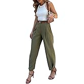 QIAOZHI Women's High Waist Pleated Trousers, Olive Green, Wide Leg Dress Pants with Belt Loops