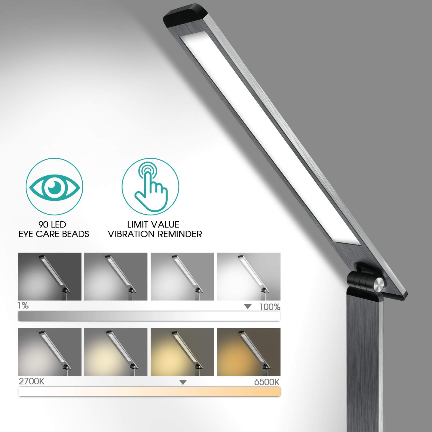 LED Desk Lamp, FXQ Aluminum Stepless Dimming Desk Lamp, Table Lamp with 2.4A Faster Charging Function, Smart Sleeping Mode and Light Memory Function for Ofifice, Reading Room and Beadroom, Grey