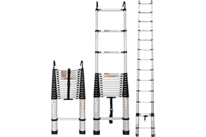 VANDISE Telescoping Extension Ladder, 14.4 FT Aluminum Lightweight Folding Telescopic Ladder with 2 Hooks, Heavy Duty 330lbs Max Capacity, Multi-Purpose Collapsible Ladder for RV or Outdoor Work