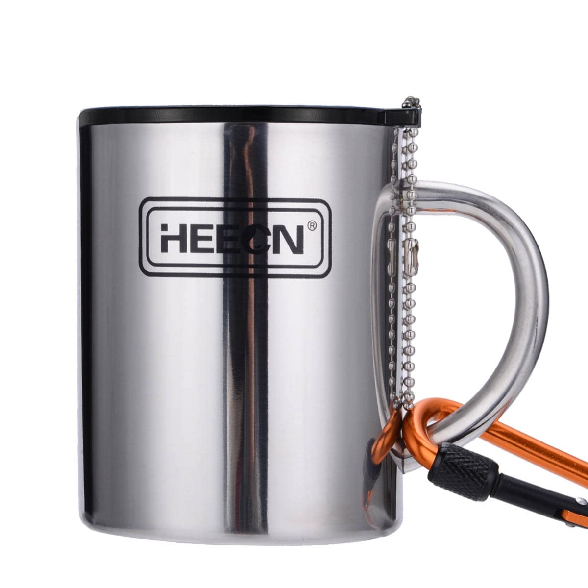 HEECN Camping Mugs - Double Walled Stainless Steel Mug for Hot Drinks with Lid and Carabiner - Backpacking - Trekking - Hiking - HESS038BBK400