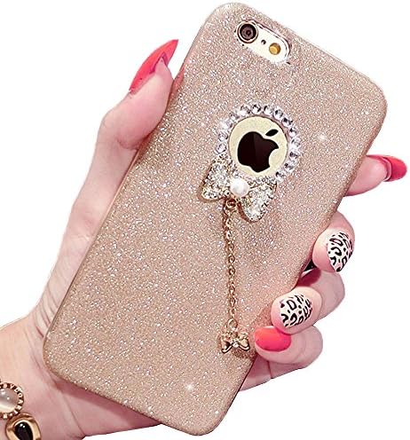 Iphone 7 case,I-Fashion 3D Cute Bling Glitter Rubber Case with Sparkly Crystal Rhinestones bow knot pearls pendant Charms for iphone 7 Gold