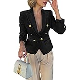 utcoco Women's Notched Lapel Double Breasted Denim Blazer Trendy Casual Slim Fit Long Sleeve Jean Jacket