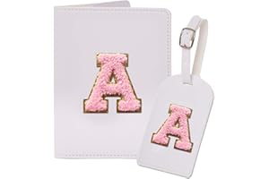 Ulico Initial Passport Cover and Luggage Tag Set,PU Leather Letter Passport Case Holder Travel Suitcase Tag, Personalized Travel Luggage Accessories Gifts for Women Kids Teenage White A