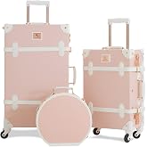 3 Piece Retro PU Leather Suitcase Set with Cosmetic Case Handbag for Women | Vintage Embossed Pink Travel Luggage, Handmade Trunk with Round Hat Box, TSA‑Approved Lock, 360&deg; Spinner Wheels, 26"+20"+12"