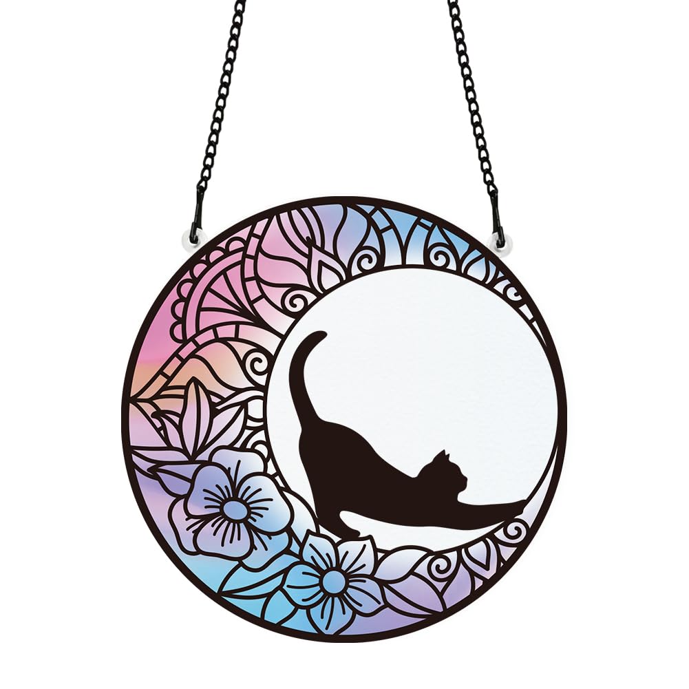 PLIGREAT Moon Cat Acrylic Suncatchers, Stained Sun Catchers Summer Patio Garden Hanging Tree Ornaments for Living Room Bedroom Playroom Window Decor Wall Art Decor Memorial Gifts