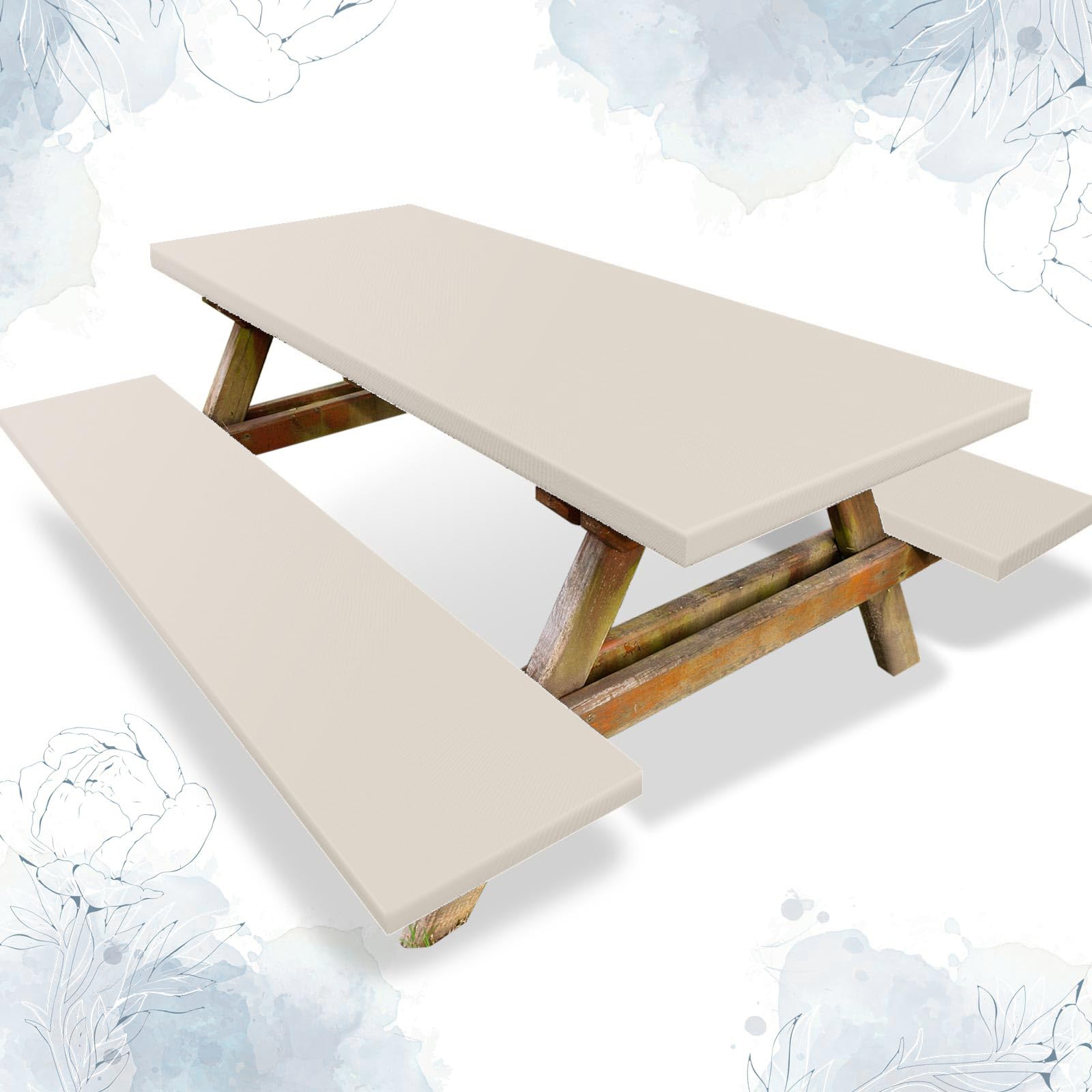 Photo 1 of 3 Pcs Picnic Table and Bench Fitted Tablecloth Cover for 6 Ft Table 30 x 72 Inch Vinyl Fitted Elastic Edges Waterproof Wipeable Tablecloth for Indoor Outdoor Travel Picnics Patio Camping (Beige)
