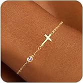 Dainty Birthstone Gold Cross Bracelets for Women Trendy 14K Gold Plated Inspirational Religious Faith Small Cross Bracelet Christian Baptism Birthday Gift for Women Minimalist Non Tarnish Jewelry