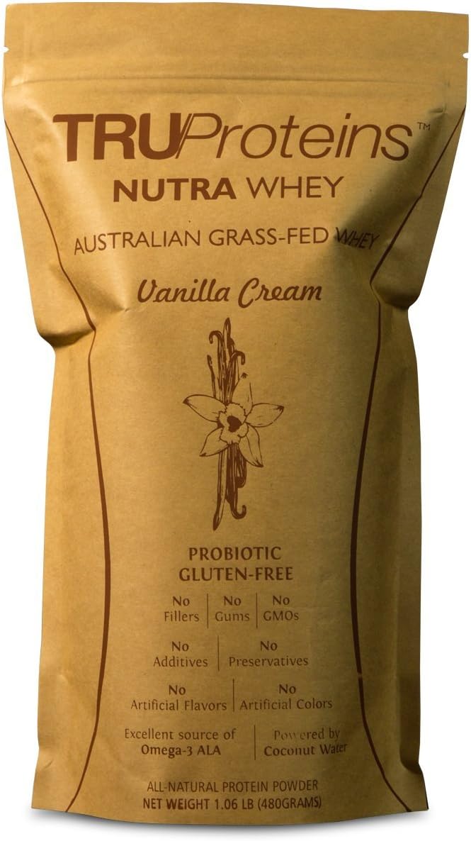 TRUProteins NutraWhey Nutritional Protein Powder Undenatured Grass Fed Whey - GMO-Free, Gluten Free, Soy Free, Add Omega3s & Probiotic to Your Diet. Vanilla Cream 1lb 15 Servings