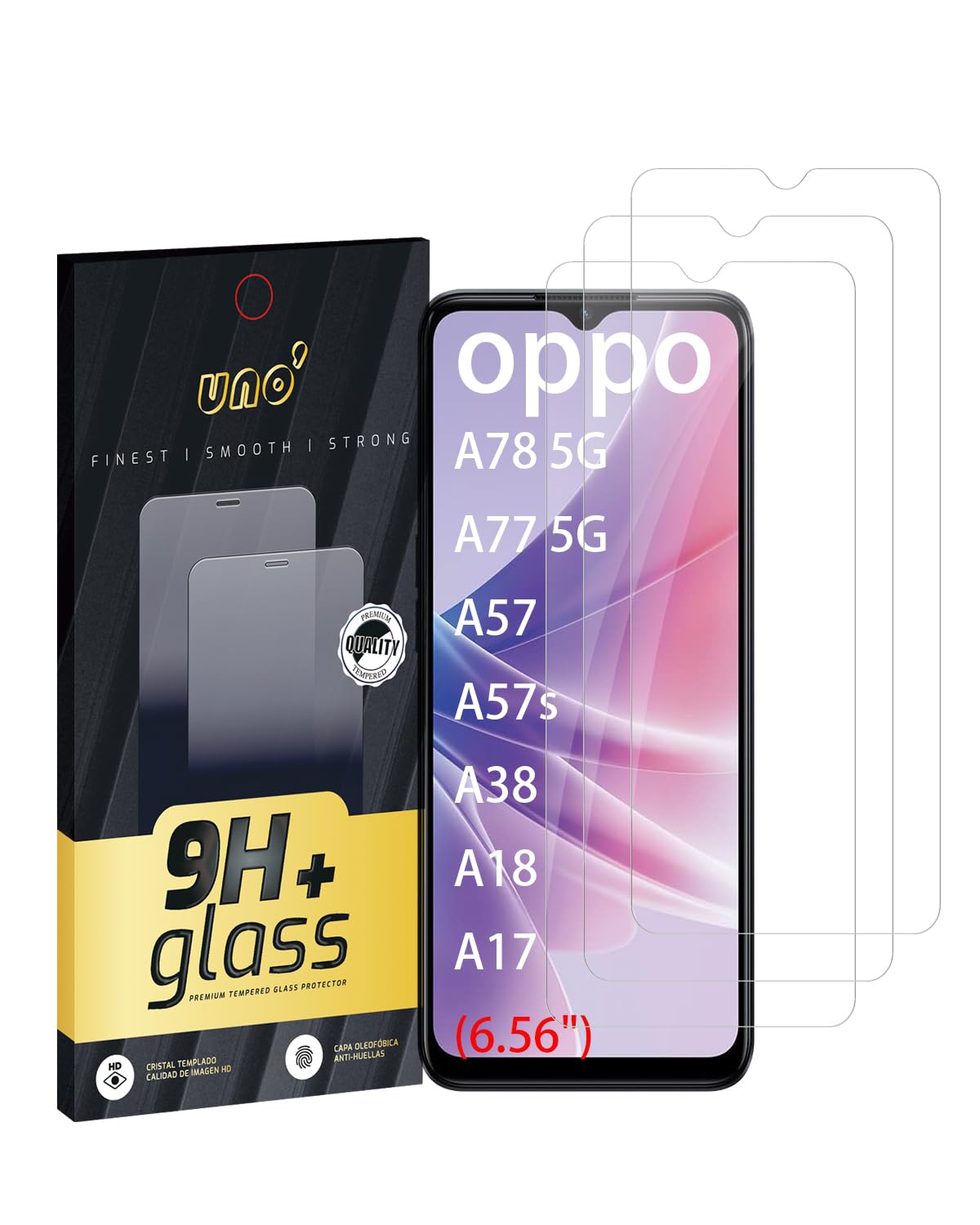 ONE' UNO' 3Ud Screen Protector for OPPO A78 5G / A77 5G / A57 4G / A57s / A38 / A18 / A17 (6.56 inch), Tempered Glass, Anti-Fingerprint, Anti-Scratch, 9H Hardness, Bubble-Free, Durable, T