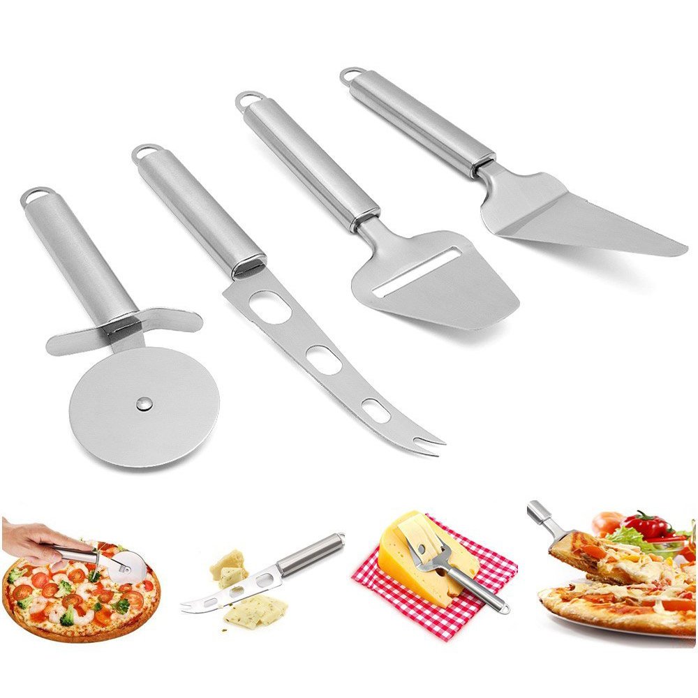 MZCH Stainless Steel Kitchen Utensil Tools and Gadgets Set - Cake cutter, Pizza Cutter Wheel, Cheese Slicer Cutter, Cheese Knife (Set of 4)