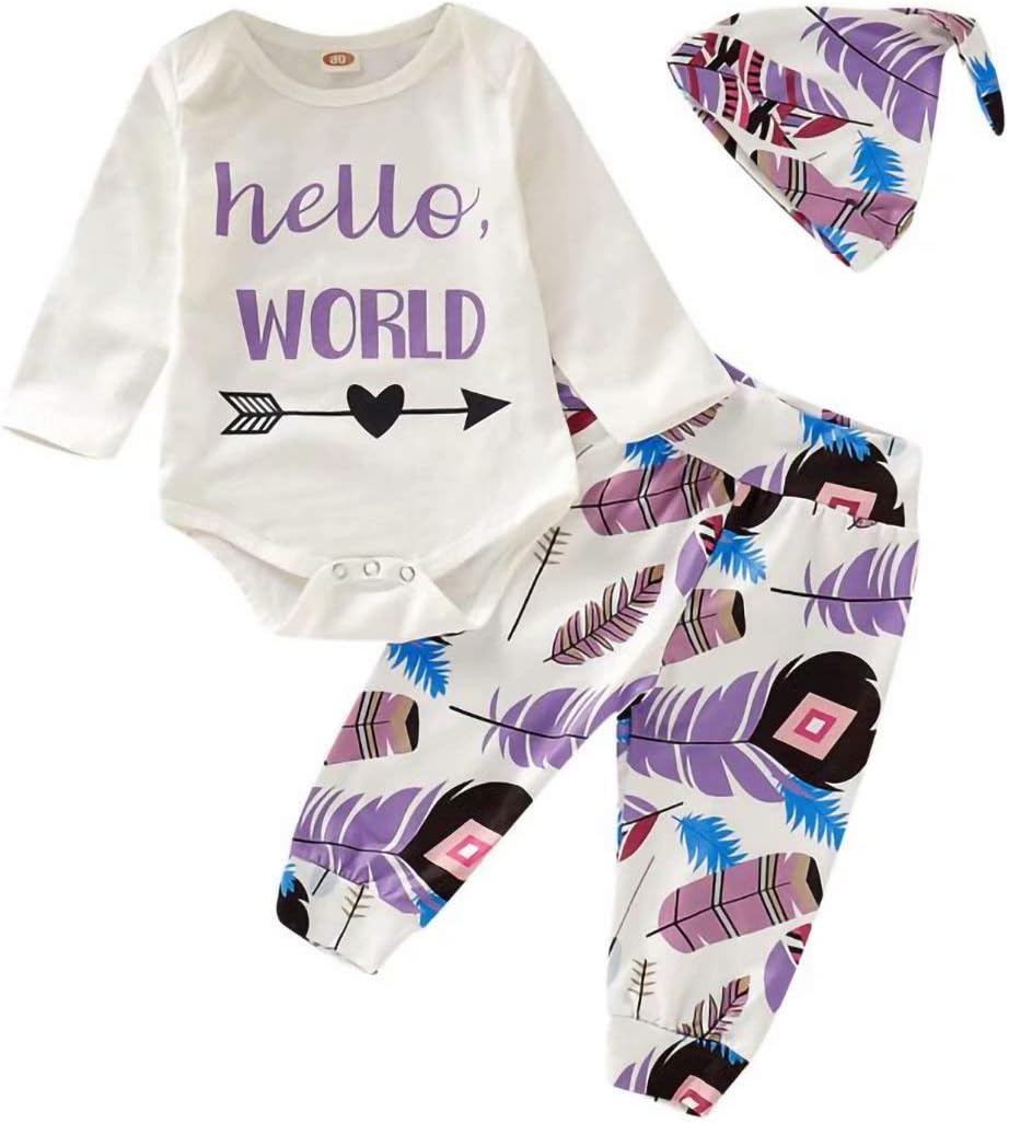 Newborn Baby Boy Girl Hello World Long Sleeves Top+Feather Print Pants+Hat 3PCS Clothes Set